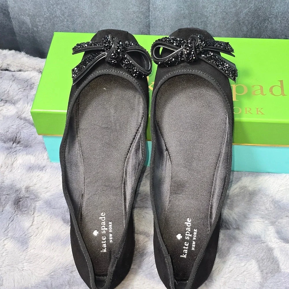 NWB Kate Spade Freya Ballet Flats Black Suede Crystal Bow‎ Women 9.5